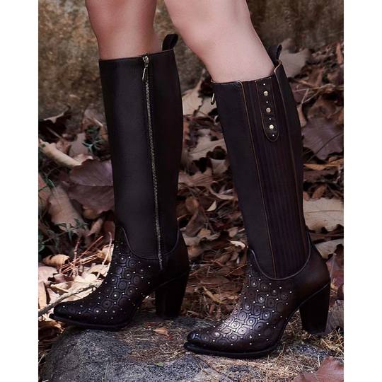 Tall dark brown boot with crystals