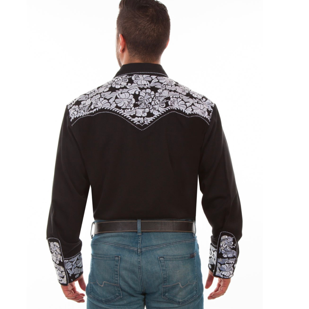 Men's Black/White Embroidered Floral Western Shirt