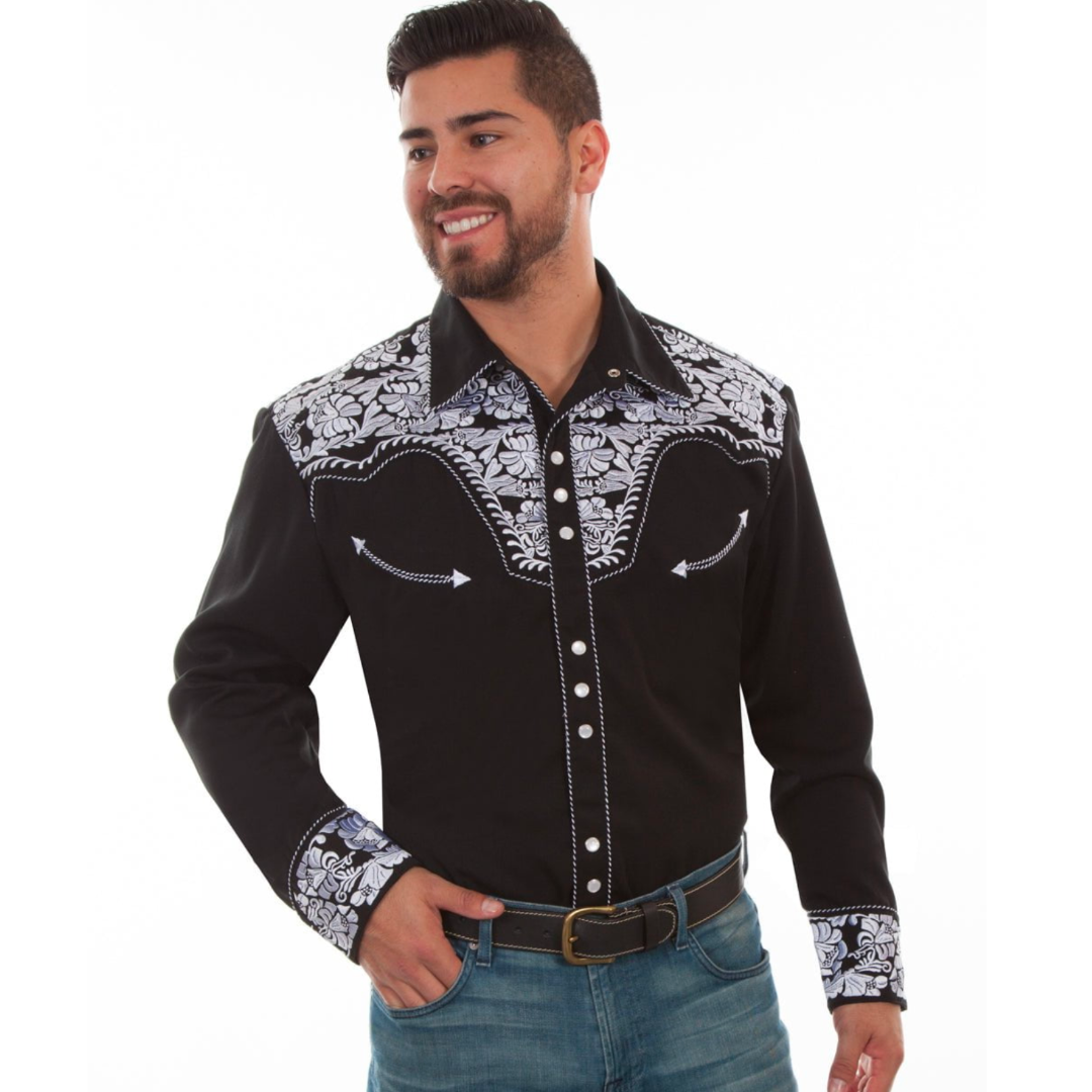 Men's Black/White Embroidered Floral Western Shirt